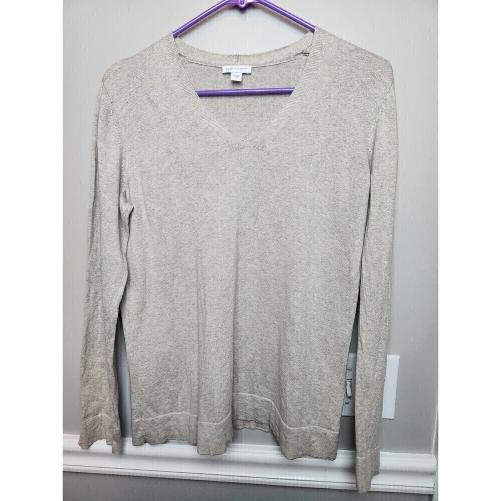 J Jill Silk And Cotton Pullover V Neck Lomg Sleeve Sweater Oatmeal Sz S - Picture 1 of 9